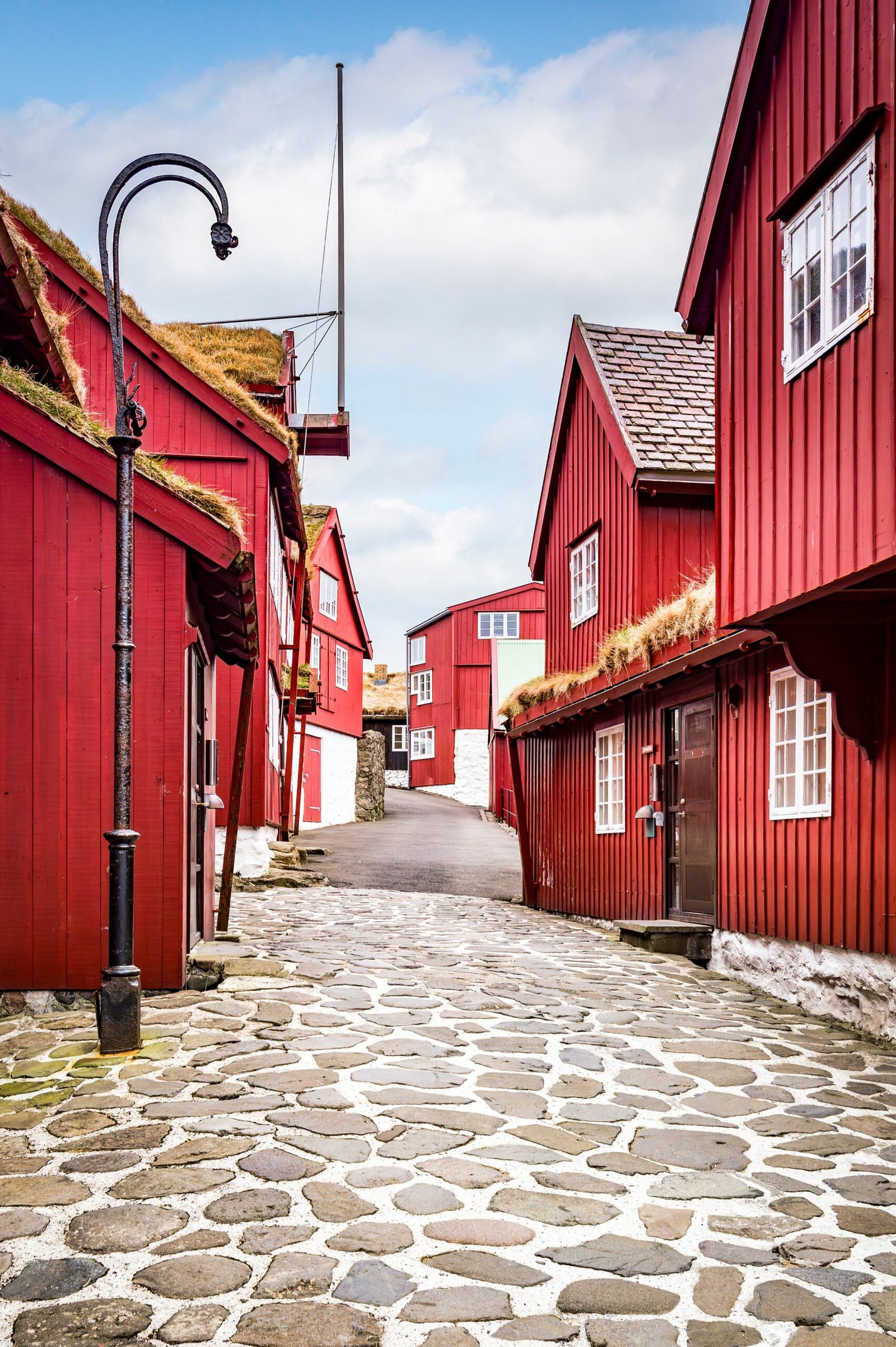 Traditional style turf-roofed buildings in Tinganes, the old town area of Torshavn, capital of the Faroe Islands.